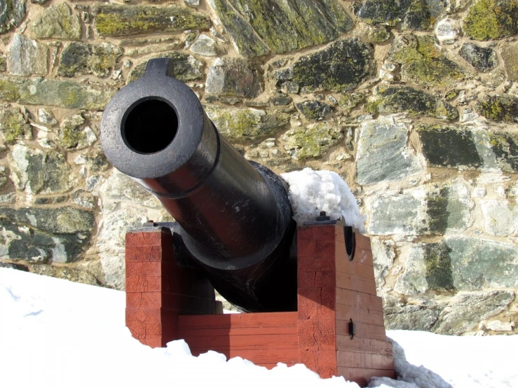 a cannon sitting on top of a snow covered ground, inspired by Carl Gustaf Pilo, pexels, on a wall, galleon, 3/4 view from below, front side full