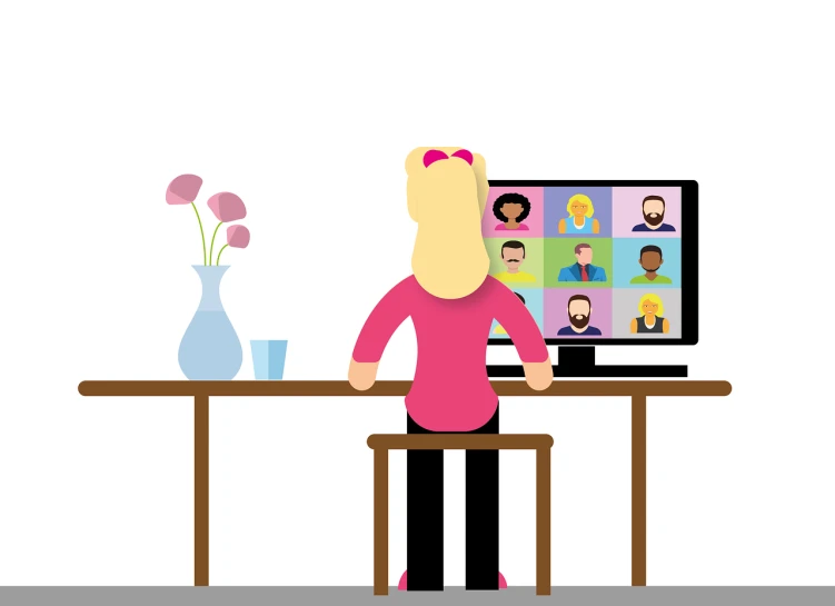 a woman sitting at a table in front of a computer, a digital rendering, naive art, on white background, people watching around, a blond, flat illustration