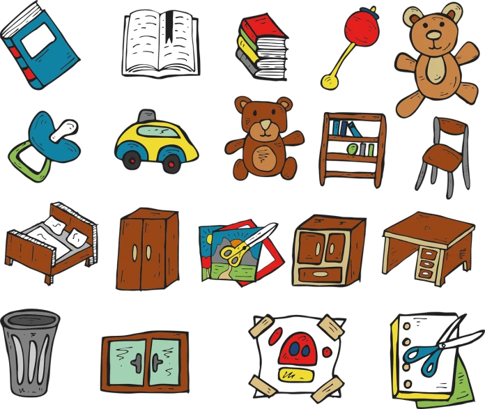 a collection of school related items on a black background, a child's drawing, by Ingrida Kadaka, trending on pixabay, process art, old furniture, tileset asset store, childrens toy, cartoon image