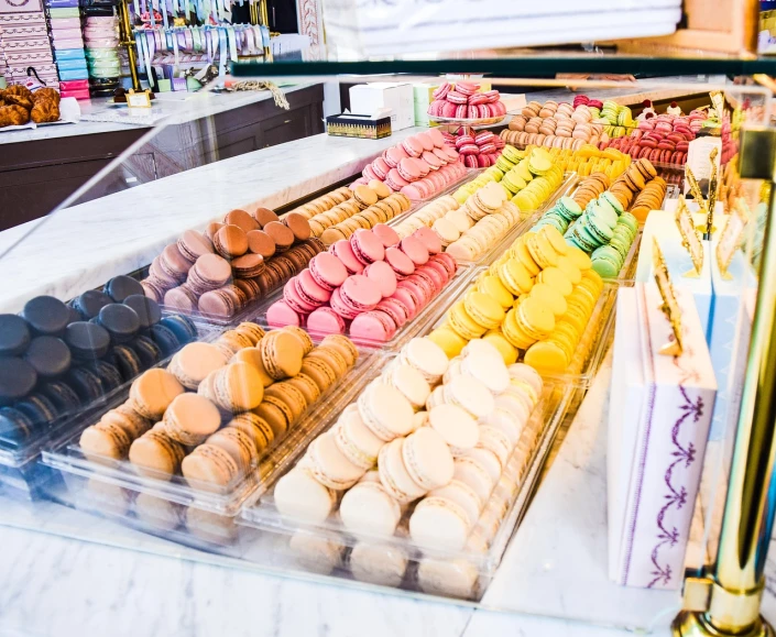 a display case filled with lots of different types of macarons, color field, at the counter, european palette, lots of sunlight, 🍸🍋