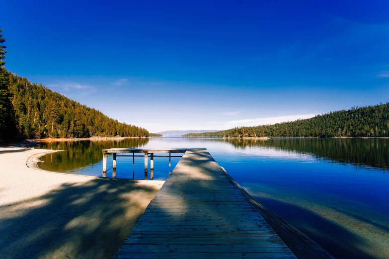 a dock that is next to a body of water, a stock photo, clear blue sky, idaho, usa-sep 20, morning shot