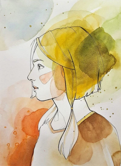 a watercolor painting of a woman with a yellow hat, inspired by Helene Schjerfbeck, trending on cg society, a girl with blonde hair, watercolor and ink, orange yellow ethereal, girl with plaits