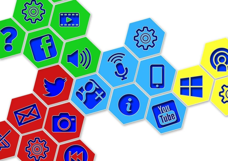 a group of colorful hexagons with social icons on them, trending on pixabay, digital art, device, keys, ad image, twisting