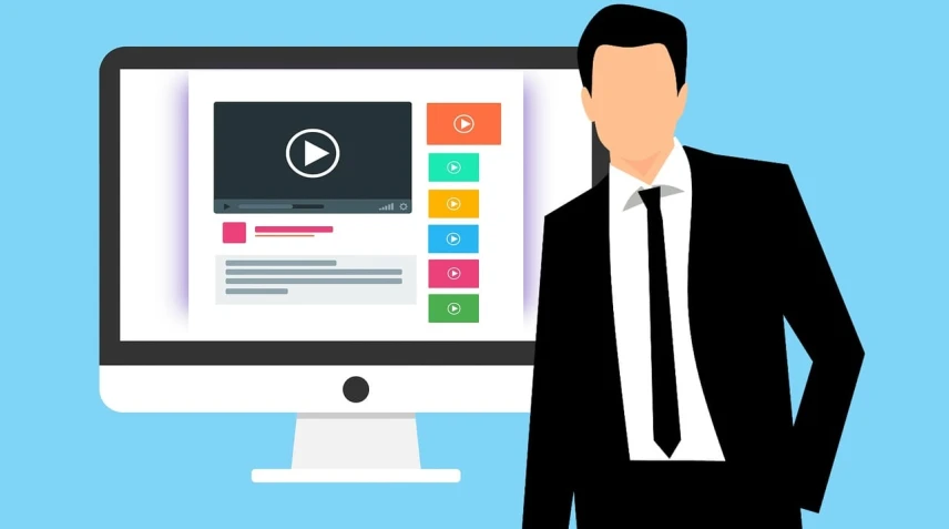 a man in a suit standing in front of a computer, trending on pixabay, video art, marketing illustration, video camera, tubes, with screens and silks