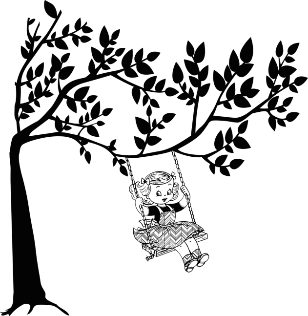 a black and white image of a tree, black backround. inkscape, swings, child, full screen