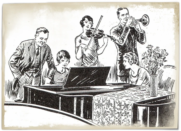 a black and white drawing of a group of people, an illustration of, by Otto Stark, playing piano, wikihow illustration, trumpet, 1 9 2 0 s furniture