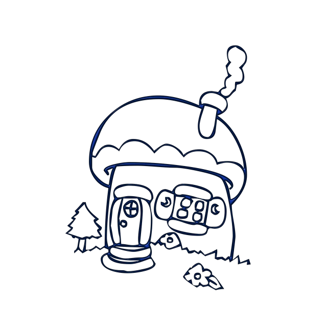 a drawing of a mushroom house on a black background, concept art, graffiti, blue light, blurred and dreamy illustration, outlined, animatic