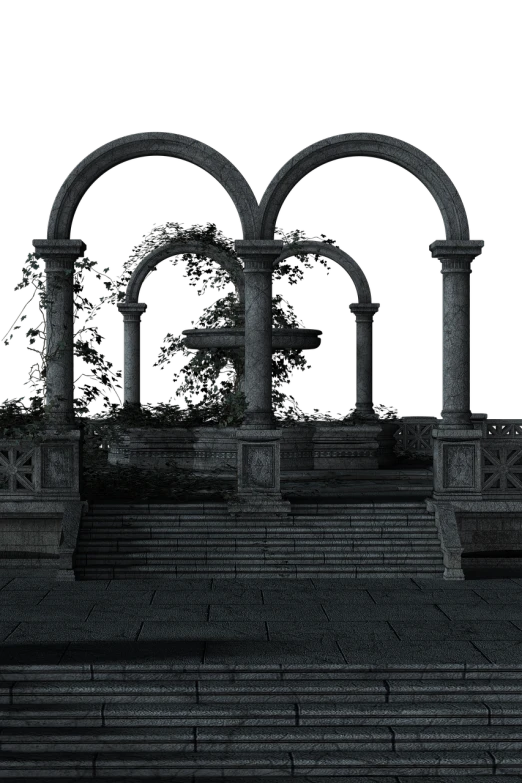 a black and white photo of a building at night, an ambient occlusion render, inspired by Romano Vio, digital art, royal garden background, stairs and arches, arbor, on a dark rock background