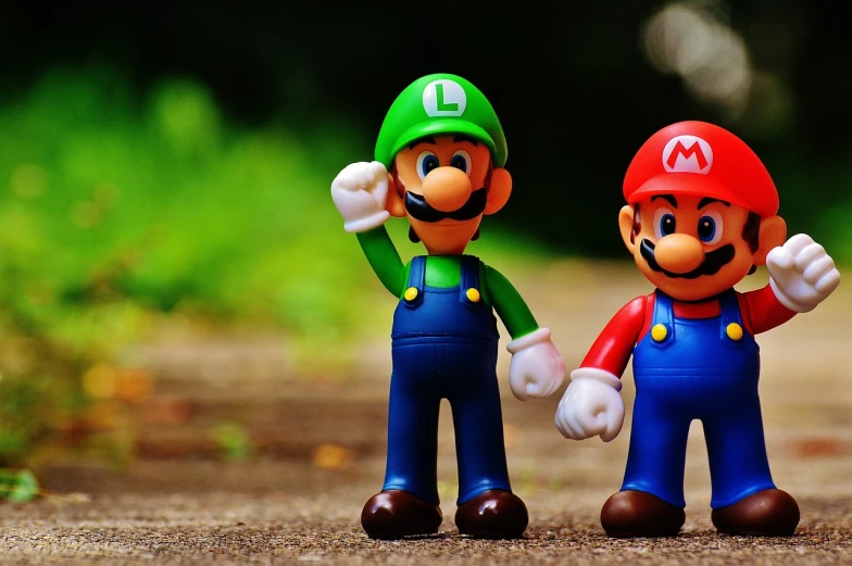 a couple of action figures standing next to each other, inspired by Luigi Kasimir, trending on pixabay, video game screenshot, cute photo, hero pose, green blue red colors