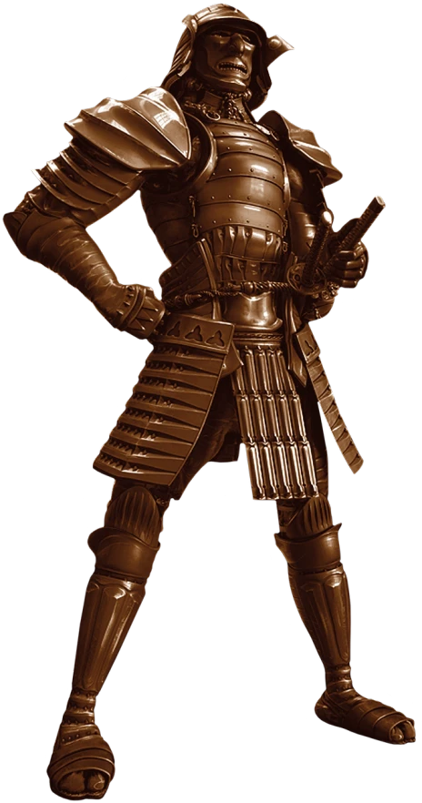 a bronze statue of a samurai holding a sword, inspired by Kanō Hōgai, trending on zbrush central, sōsaku hanga, retro-futuristic armor, chocolate, shiny plastic armor, 6 0 mm lens in full armor