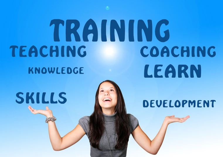 a woman standing in front of a blue sky with the words training, teaching, coaching, learn, skills, development, a diagram, heavy gesture style closeup, trains, facial, flying