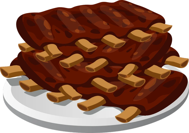 a chocolate cake sitting on top of a white plate, a digital rendering, inspired by Nyuju Stumpy Brown, conceptual art, serving rack of ribs, on a flat color black background, sausages, background image