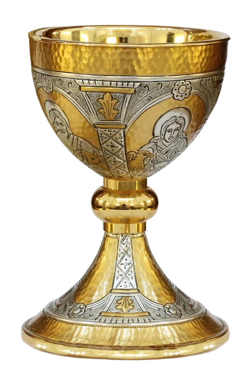 a gold and silver cup sitting on top of a table, an engraving, by Eugeniusz Zak, pixabay, ornate medieval religious icon, full front view, pedestal, !!highly detailed