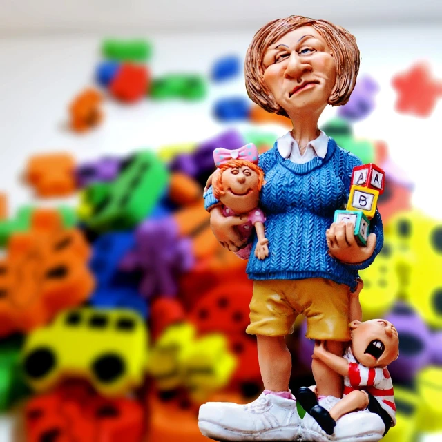 a figurine of a woman standing on top of a pile of toys, a picture, toyism, lonely family, older woman, [ [ hyperrealistic ] ], photo illustration