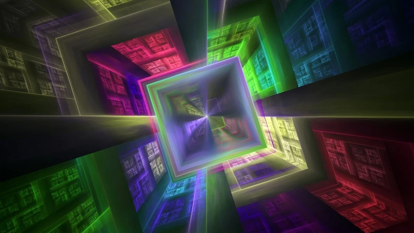 a computer generated image of a colorful cube, digital art, inspired by Richard Anuszkiewicz, with fractal sunlight, open portal to another dimension, fractal cyborg ninja background, ethereal rainbows