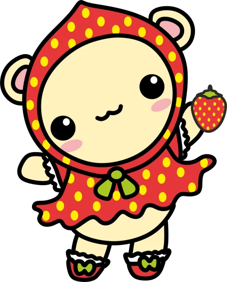 a cartoon bear dressed in a polka dot outfit, inspired by Takehisa Yumeji, deviantart, fruit, tamborine, strawberry, kewpie