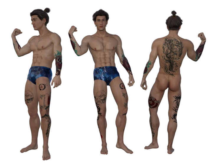 a man with a lot of tattoos on his body, a tattoo, inspired by Dai Jin, trending on polycount, fullbody photo, low quality 3d model, ingame image