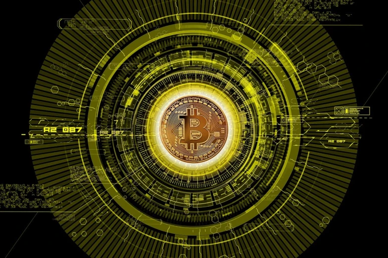 a computer screen with a bitcoin in the middle of it, by Zoran Mušič, trending on pixabay, computer art, steampunk digital art, everything enclosed in a circle, mobile wallpaper, fibonacci pattern