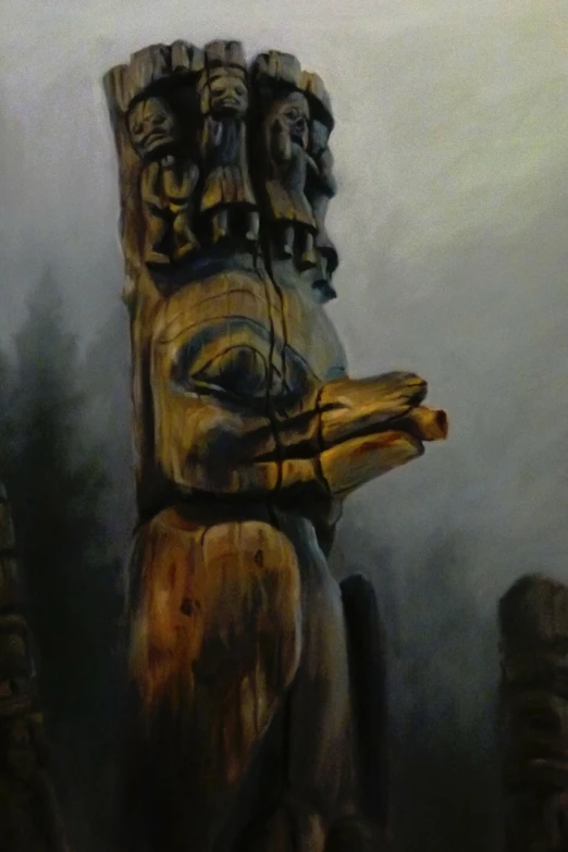 a painting of a totem pole on a foggy day, a detailed painting, highly_detailded, dan ouellette, wooden statue, dusk setting