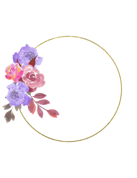 a circle of flowers on a black background, a digital painting, sōsaku hanga, gold and purple, black rose frame. d&d, simple water color, pink and gold color scheme