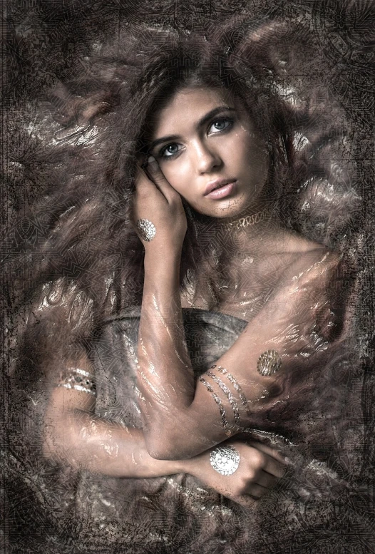 a close up of a woman with long hair, a portrait, inspired by irakli nadar, art photography, feathers texture overlays, foil effect, dressed in a medieval lacy, madison beer girl portrait