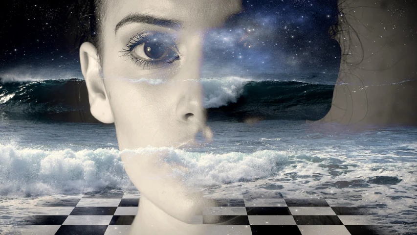 a close up of a person's face on a chess board, digital art, inspired by Dora Maar, pixabay contest winner, surrealism, girl looking at the ocean waves, “ femme on a galactic shore, both faces visible, photoshop collage