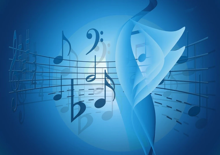 a group of musical notes on a blue background, an illustration of, by Béla Kondor, pixabay, art nouveau, calm serene atmosphere, intriguing volume flutter, stock photo, winding horn
