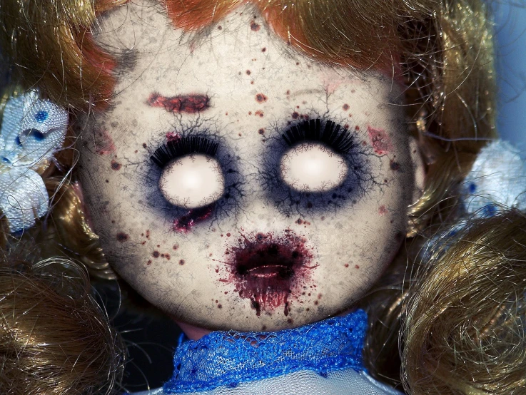 a close up of a doll with blood on it's face, flickr, ted cruz is the zodiac killer, haunted eyes, bride of chucky, tim hildebrant