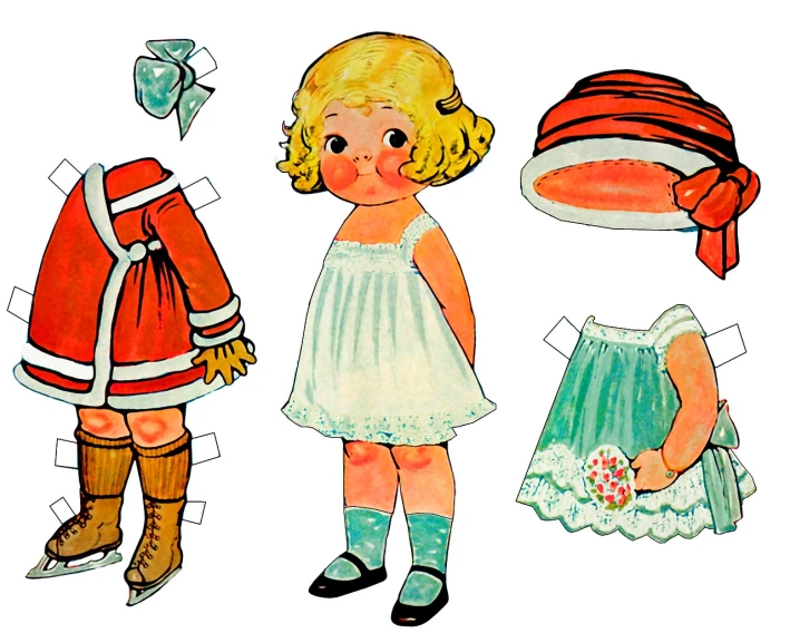 a paper doll of a girl and a boy, a storybook illustration, inspired by Margaret Brundage, trending on pixabay, process art, scans from museum collection, small loli girl, 1960s illustration, cut out of cardboard