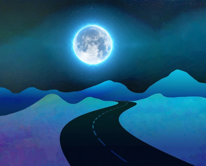 a painting of a road with a full moon in the background, a digital painting, conceptual art, opalescent night background, road between hills, themed on the stars and moon, moonstone