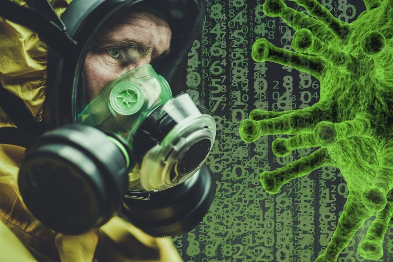 a close up of a person wearing a gas mask, inspired by Igor Morski, shutterstock, nuclear art, green matrix code, poster of corona virus, 4 k still from breaking bad, crypto