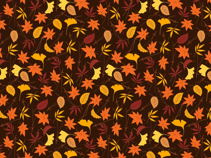 a pattern of autumn leaves on a brown background, a cartoon, sōsaku hanga, background ( dark _ smokiness ), created in adobe illustrator, london, tileable