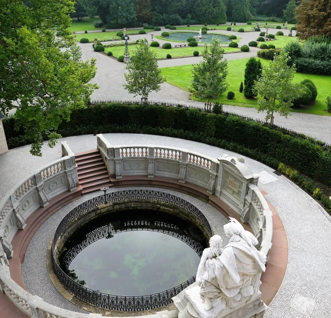 a fountain with a statue in the middle of it, by Joseph von Führich, shutterstock, rococo, wide angle shot from above, green terrace, mini amphitheatre, romantic