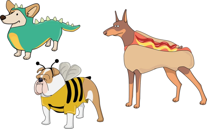 a couple of dogs in costumes standing next to each other, concept art, inspired by Hanna-Barbera, shutterstock, three animals, similar to pokemon, hotdogs, on black background