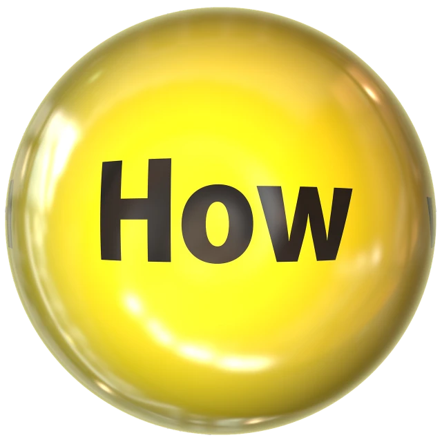 a yellow button with the word how on it, a digital rendering, by Joe Bowler, pinterest, happening, glossy sphere, wikihow, houdini fluid simulation, easy to understand