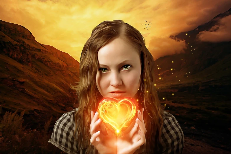 a woman holding a glowing heart in her hands, digital art, amber, full photo, very very realistic, portait photo