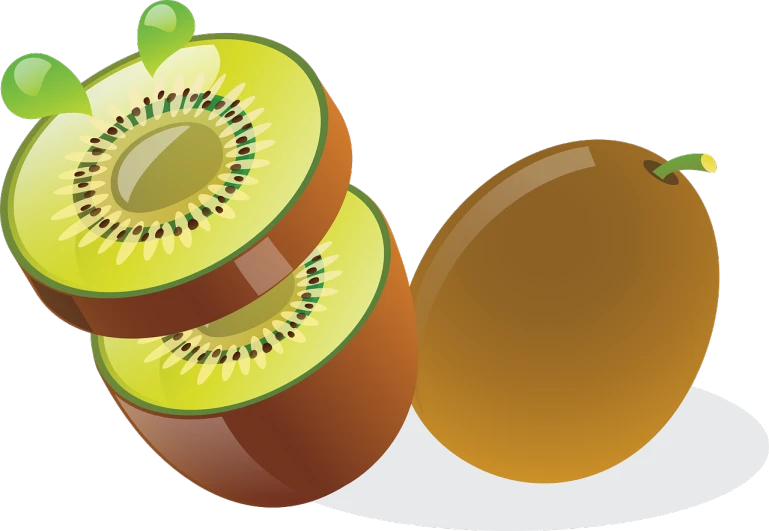 a kiwi fruit cut in half on a plate, an illustration of, inspired by Masamitsu Ōta, pixabay, digital art, wikihow illustration, stacked image, caramel, !!! very coherent!!! vector art