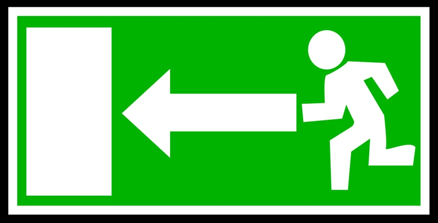 a green fire exit sign with a white arrow, pixabay, happening, human body breaking away, defibrillator, rectangular piece of art, belgium