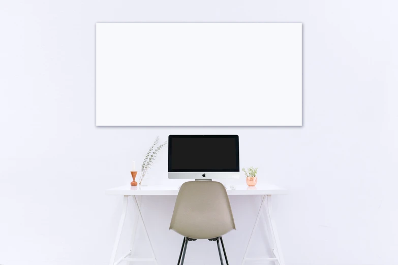 a computer sitting on top of a white desk, a minimalist painting, minimalism, whiteboard, product introduction photo, full image, no type