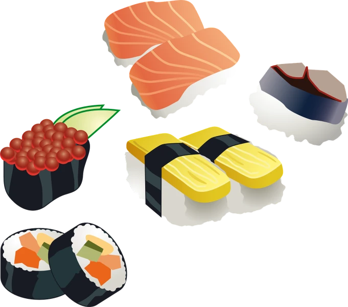 a variety of sushi on a black background, an illustration of, sōsaku hanga, with a black background, background(solid), high res, with a bunch of stuff