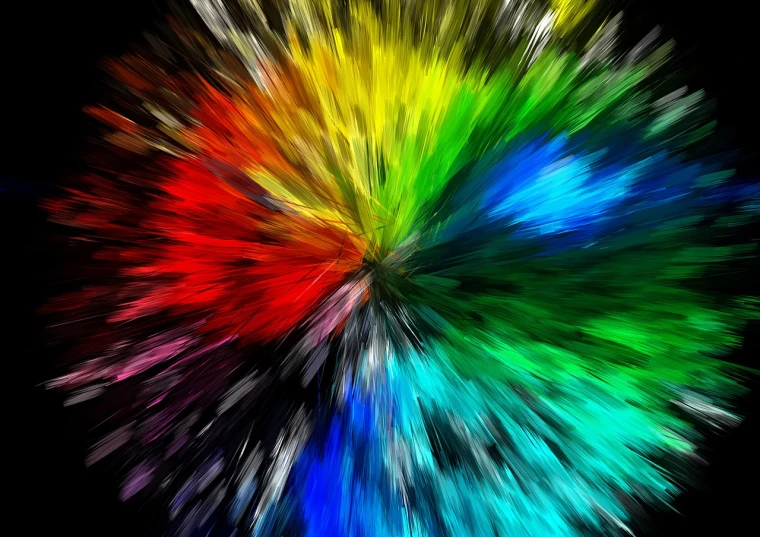 a multicolored burst of paint on a black background, a digital rendering, shutterstock, color field, zoom blur, color wheel, green blue red colors, galaxy color scheme