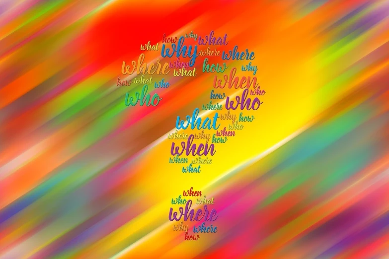 the words are written in different languages on a colorful background, a picture, lyrical abstraction, question marks, the letter w, inspirational quote, colorful aura