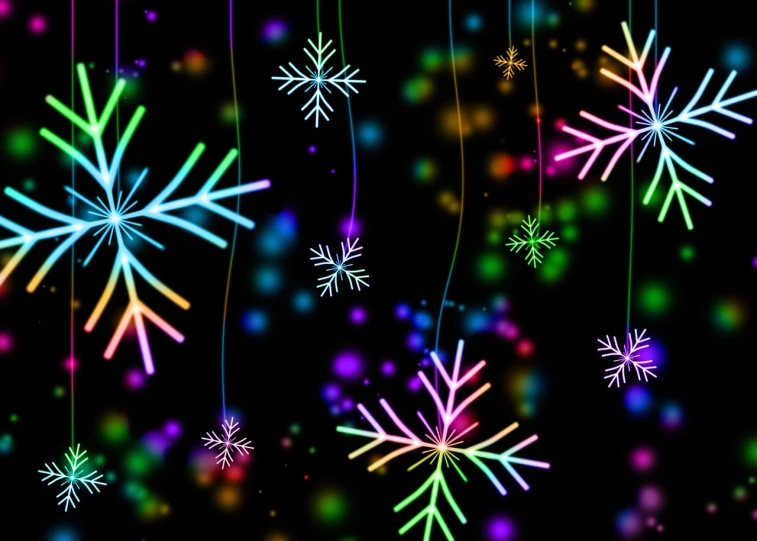 a bunch of snowflakes hanging from strings, a digital rendering, inspired by Bruce Munro, flickr, beautiful colorful lights, beautiful iphone wallpaper, chalk digital art, background image