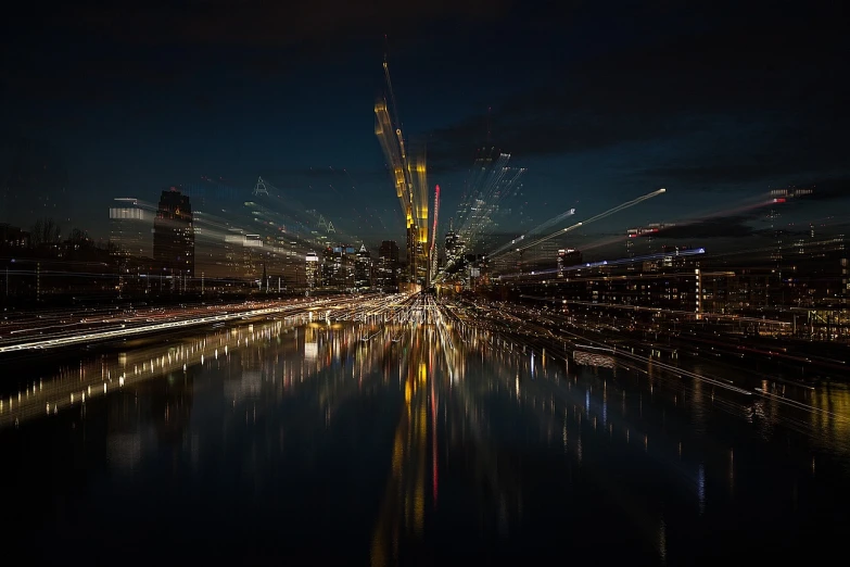 a long exposure photo of a city at night, digital art, by Sebastian Spreng, flickr contest winner, refracted sunset, take off, reflections on the river, light traces