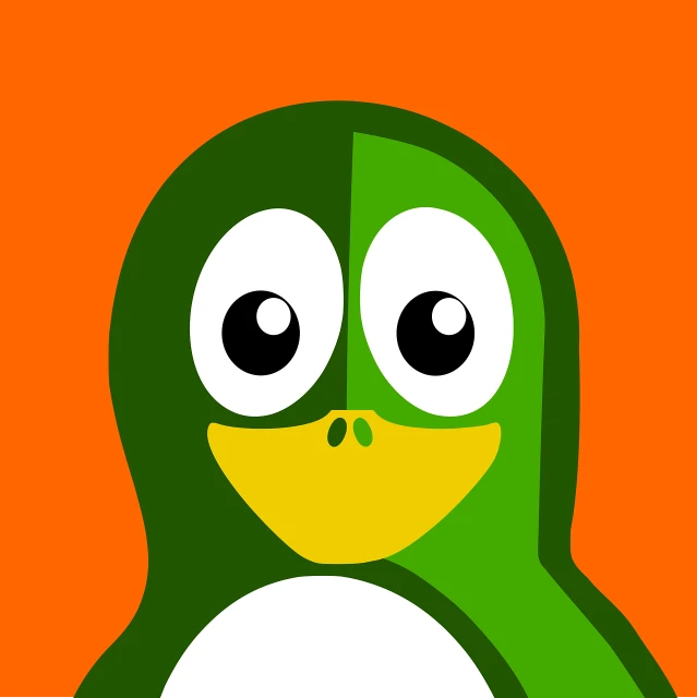 a cartoon penguin with big eyes on an orange background, vector art, reddit, mingei, green skin!, jdm, quinn, nose