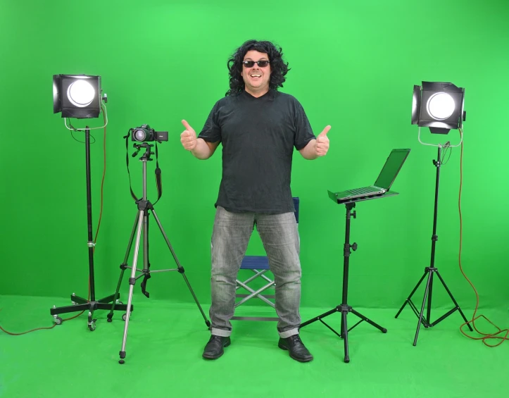 a man standing in front of a green screen, a picture, flickr, tommy wiseau, giving a thumbs up to the camera, fullbody photo, volumetric studio lighting