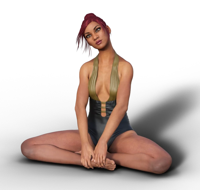 a woman in a bathing suit sitting on the ground, a 3D render, inspired by Mary Jane Begin, renaissance, leeloo outfit, anjali mudra, sexy girl with dark complexion, maiden with copper hair