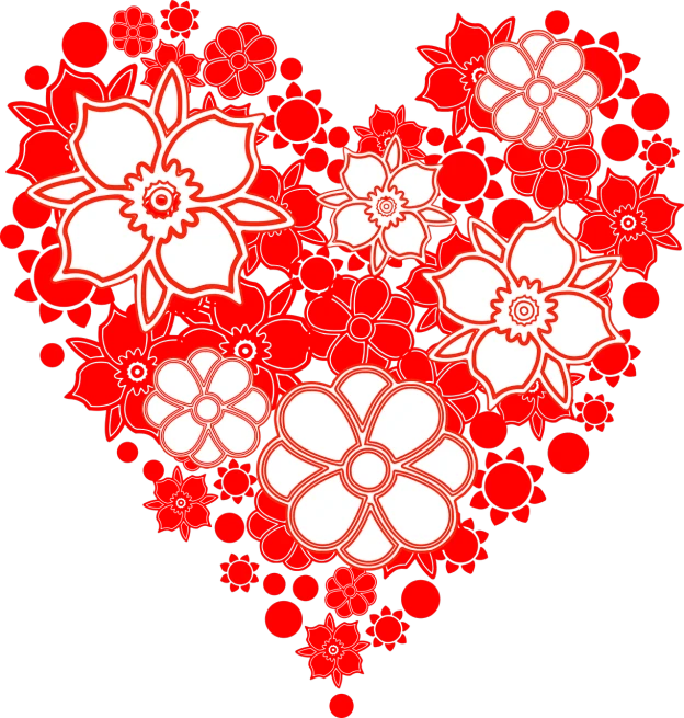 a heart of flowers on a black background, vector art, by Yayou Kusama, deviantart, computer art, red and white neon, clean cel shaded vector art, illustrator vector graphics, screencapture