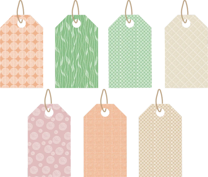 a set of six tags on a black background, vector art, inspired by Masamitsu Ōta, earthy light pastel colours, tileable, clipart, lowres