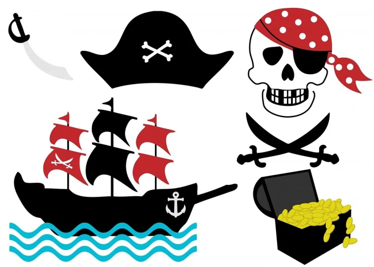 a pirate ship with a skull and a chest of gold, vector art, trending on pixabay, vanitas, tom holland as a pirate, confetti, some boats, reference sheet white background